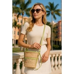 Brighton Tote Crossbody Bag Natural Straw Basketweave Green Trim Charms